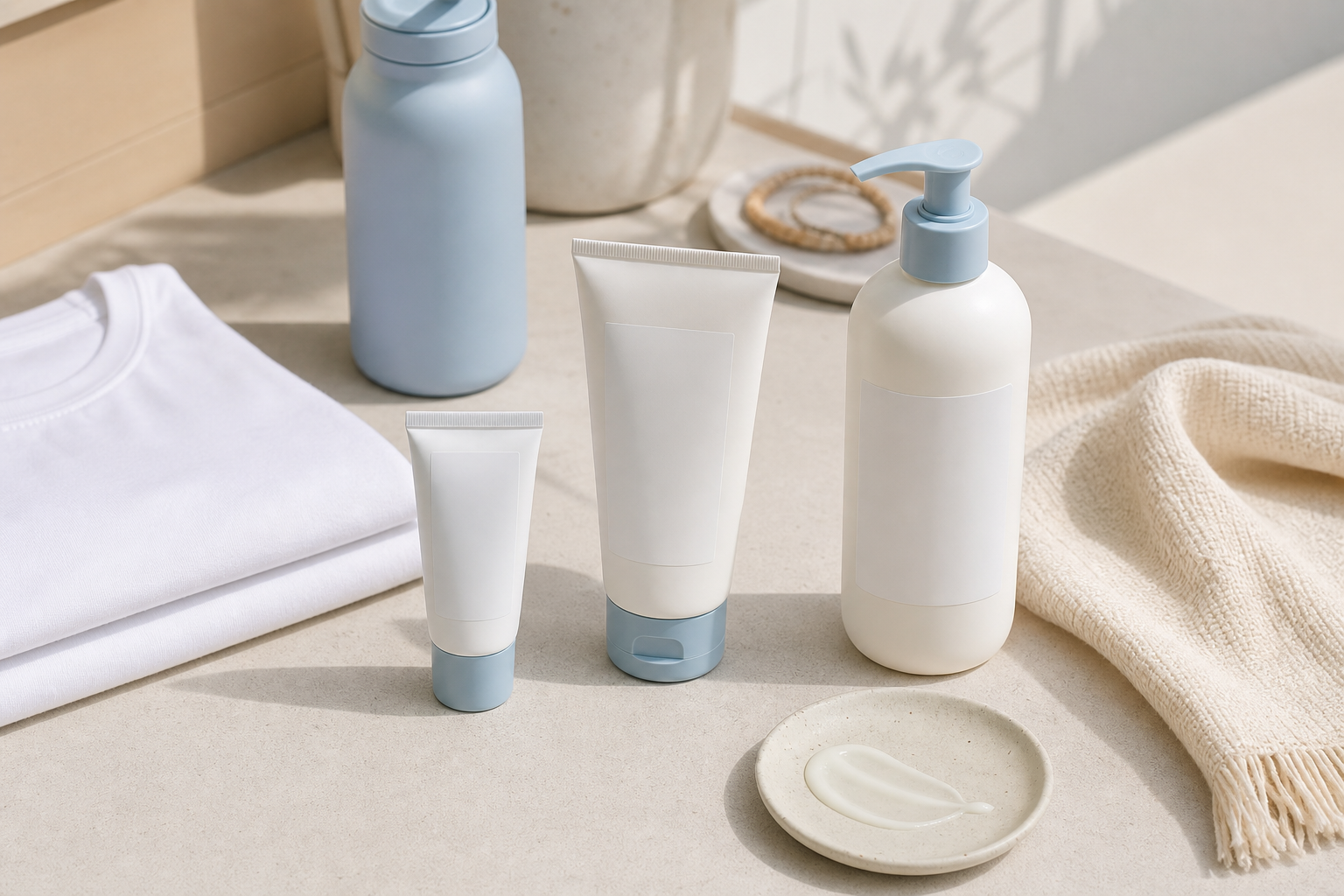 AI-generated illustration of unbranded sunscreen tubes and a pump bottle with a folded T-shirt, towel, water bottle, and lotion texture swatch.