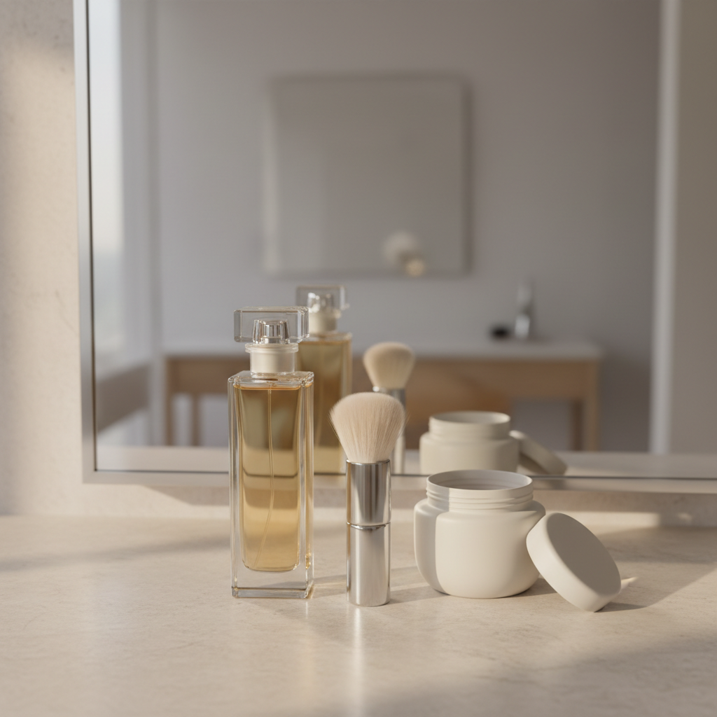A close-up of a meticulously organized vanity top featuring a slim, rectangular glass perfume bottle with a faceted stopper, a finely milled loose powder in a matte porcelain jar, and a silver-handled kabuki brush with ultra-soft bristles. These sit on a pale beige stone countertop with subtle veining, in front of a frameless mirror that reflects a blurred, minimalist interior. Gentle afternoon light streams through an unseen window, creating a warm, diffused glow and soft reflections on the glass. The composition is centered yet airy, with photographic realism and a shallow depth of field that keeps the focus on textures and finishes, evoking quiet luxury and an effortlessly polished mood.