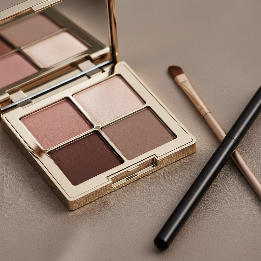 A precise, close-up shot of an open luxury eyeshadow quad resting on a satin-finished taupe surface. The compact’s polished metal edges catch the light, framing four silky pans in muted rose, soft champagne, deep espresso, and cool taupe. A slender, matte-black eyeliner pencil and a slim, tapered eyeshadow brush with sable-colored bristles lie diagonally nearby. Soft studio lighting from above creates elegant highlights on the metallic packaging and a velvety sheen on the powders, with delicate shadows for depth. Photographic realism with a shallow depth of field keeps the palette crisp while the background gently blurs, conveying a refined, editorial mood ideal for discussing timeless, wearable color stories.