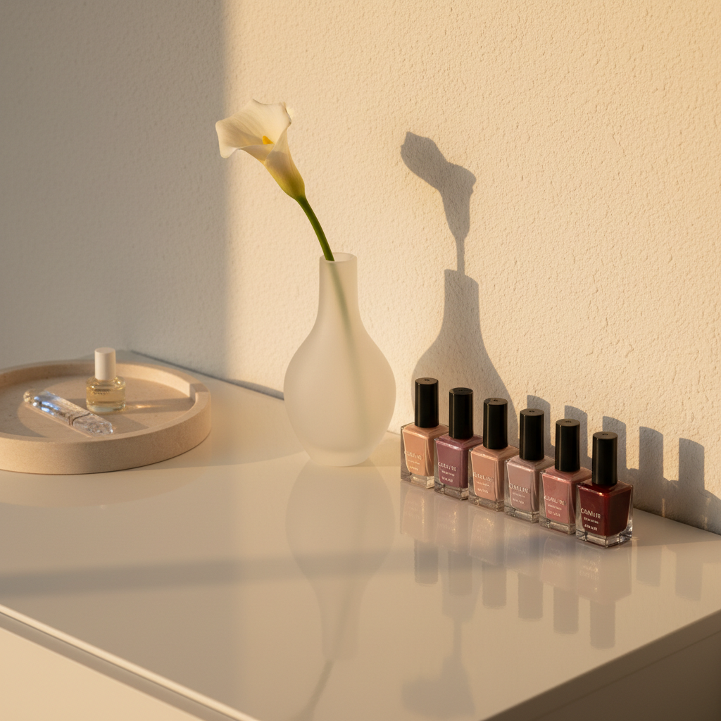 A minimalist dressing table corner featuring a sculptural, frosted-glass vase with a single white calla lily beside a curated arrangement of nail polishes in muted nudes, soft mauves, and deep oxblood, all in uniform square glass bottles with understated labels. They stand on a glossy, cream-lacquered surface that subtly reflects their forms. Behind them, a textured ivory wall and a partially visible travertine tray holding a crystal nail file and cuticle oil create depth. Early evening golden-hour light streams in from the side, casting elongated, graceful shadows and a warm glow. Photographic realism, shot at a slightly elevated angle with balanced composition, exudes quiet sophistication and an intimate, at-home manicure ritual.