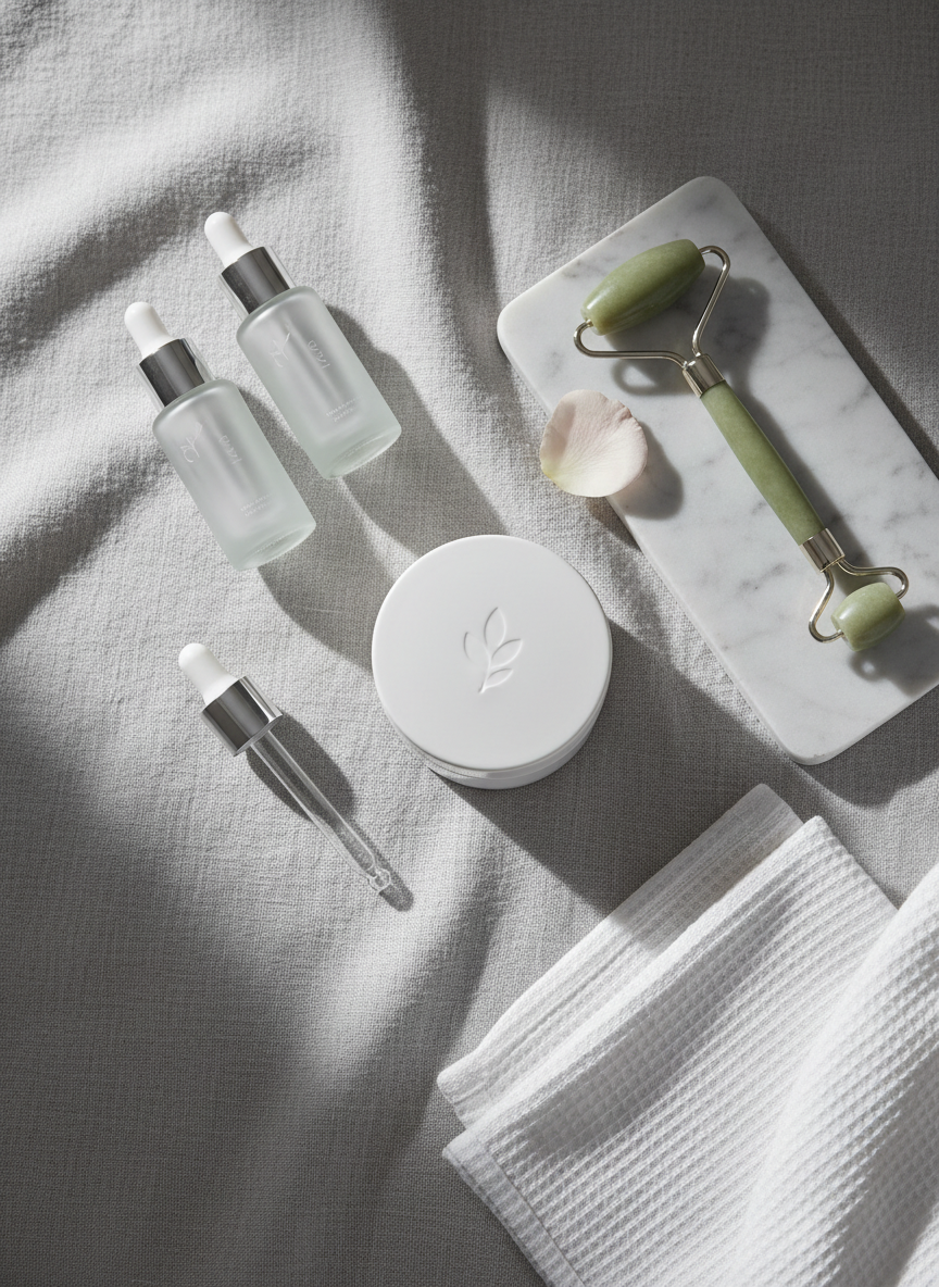 An artfully arranged flatlay of high-end skincare essentials laid out on a soft, dove-grey linen surface. Frosted glass serum bottles, a minimalist white moisturizer jar with a subtle embossed logo, and a clear facial oil pipette rest beside a sleek marble tray holding a jade-toned facial roller. A single pale pink rose petal and a folded, waffle-textured cotton face cloth add gentle texture. Soft morning natural light filters in from the left, creating delicate highlights on the glass and casting refined, feather-light shadows. Photographic realism, shot from a bird’s eye view with a shallow depth of field, emphasizing a sophisticated, curated routine and a calm, modern atmosphere.