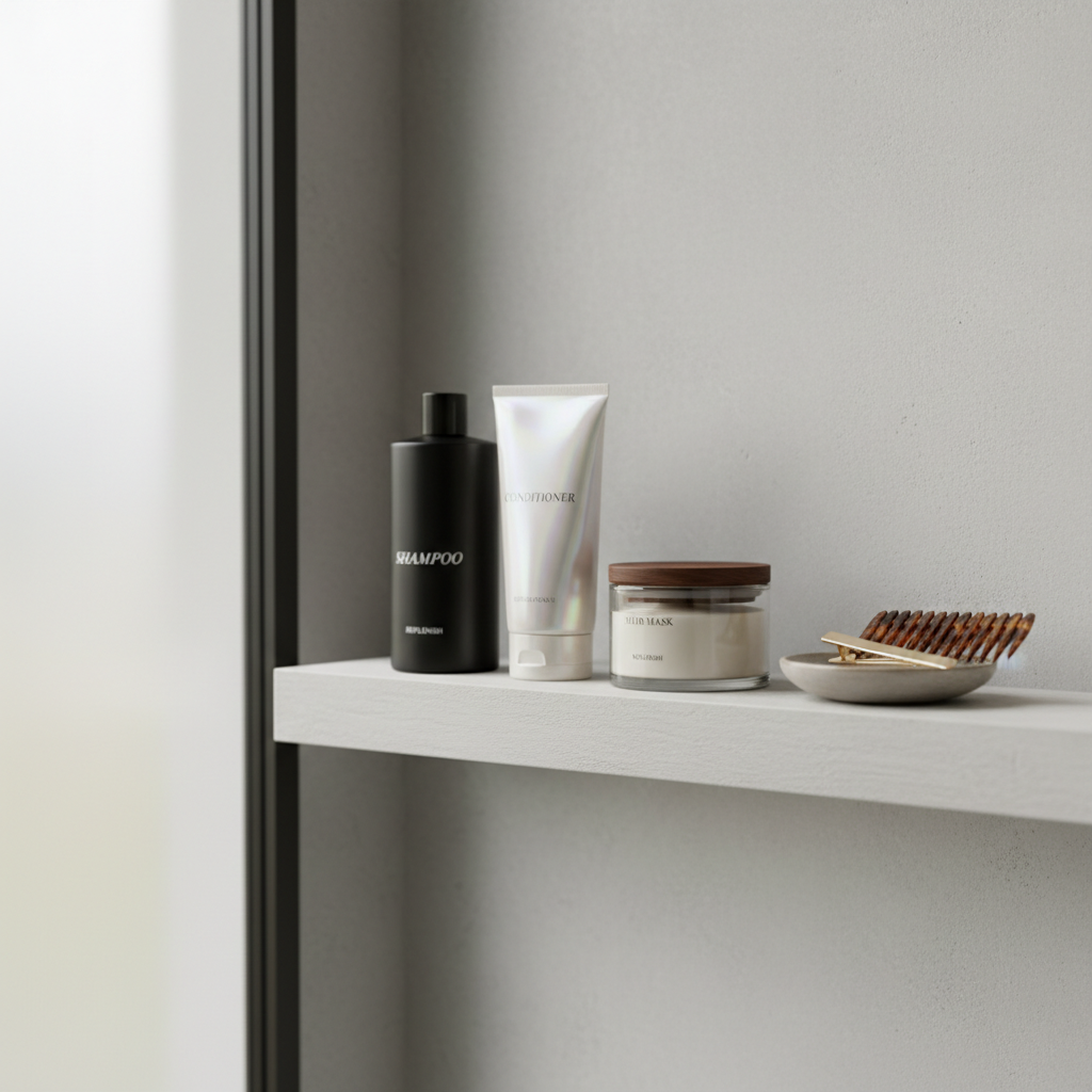 An ultra-modern bathroom shelf styled with a tightly edited selection of haircare products: a matte black shampoo bottle with italic silver typography, a pearlescent conditioner tube, and a clear glass jar of hair mask showing its velvety cream texture. They are arranged on a floating white oak shelf against a smooth, pale stone wall. A single understated ceramic dish holds a tortoiseshell comb and minimalist gold hair clip. Cool, diffused daylight from a nearby frosted window bathes the scene, creating soft, even illumination and subtle reflections. Shot at eye level with photographic realism and a balanced composition, the image feels clean, elevated, and intentional, embodying a sophisticated, modern hair routine.